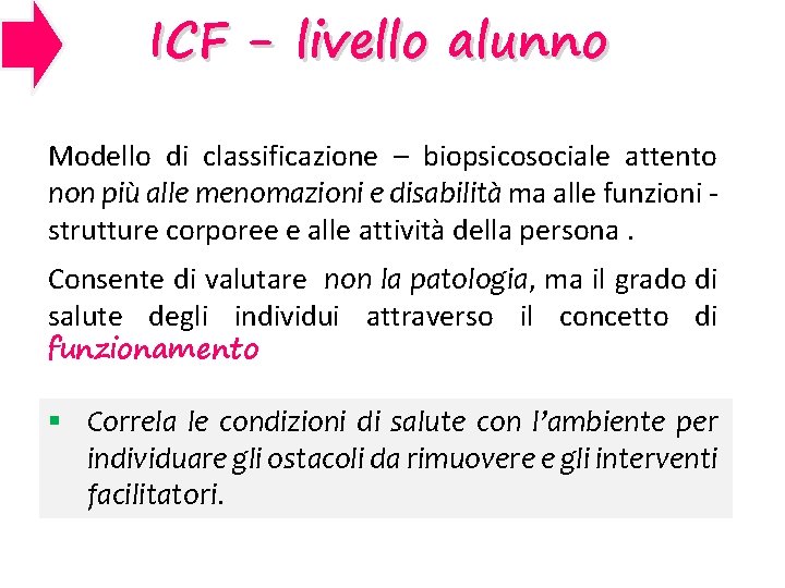 ICF - livello alunno Modello di classificazione – biopsicosociale attento non più alle menomazioni