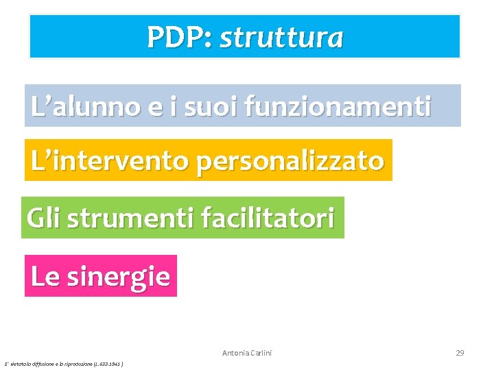 PDP: struttura L’alunno e i suoi funzionamenti L’intervento personalizzato Gli strumenti facilitatori Le sinergie