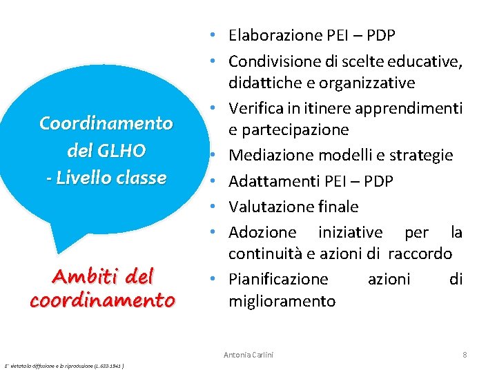 Coordinamento del GLHO - Livello classe Ambiti del coordinamento • Elaborazione PEI – PDP