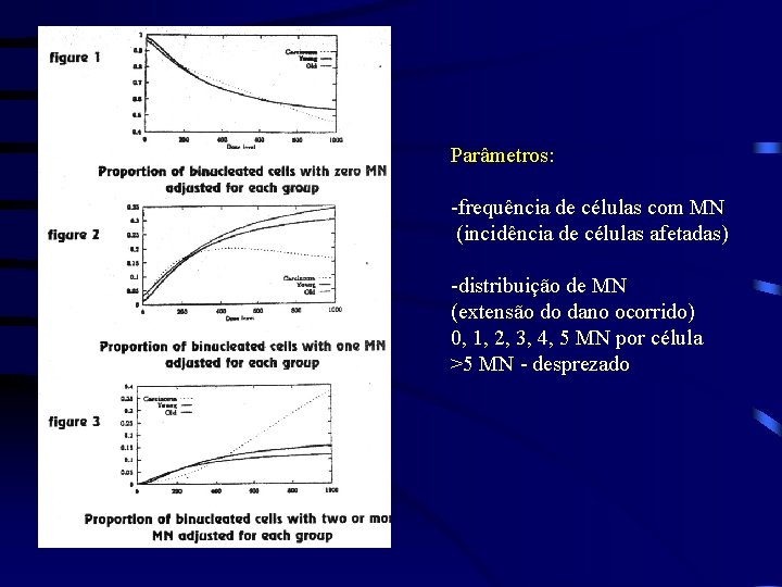 Parâmetros: -frequência de células com MN (incidência de células afetadas) -distribuição de MN (extensão