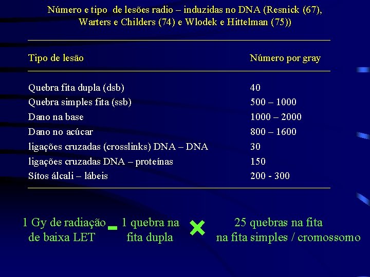 Número e tipo de lesões radio – induzidas no DNA (Resnick (67), Warters e