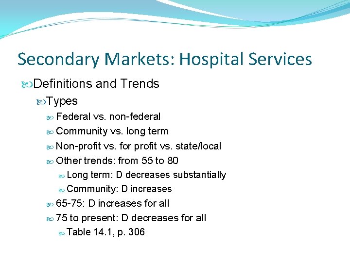 Secondary Markets: Hospital Services Definitions and Trends Types Federal vs. non-federal Community vs. long Secondary Markets: Hospital Services Definitions and Trends Types Federal vs. non-federal Community vs. long