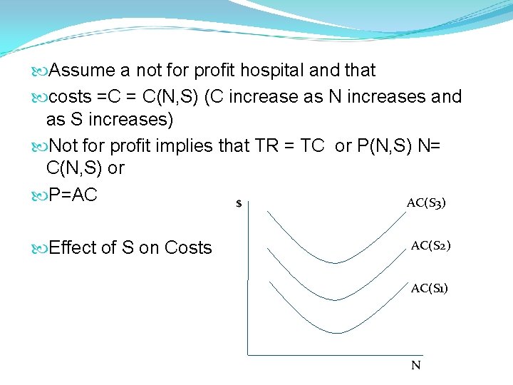 Assume a not for profit hospital and that costs =C = C(N, S) Assume a not for profit hospital and that costs =C = C(N, S)