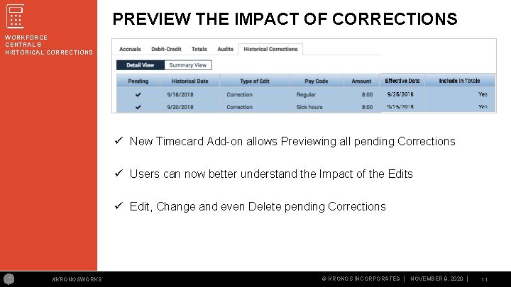 PREVIEW THE IMPACT OF CORRECTIONS WORKFORCE CENTRAL 8 HISTORICAL CORRECTIONS ü New Timecard Add