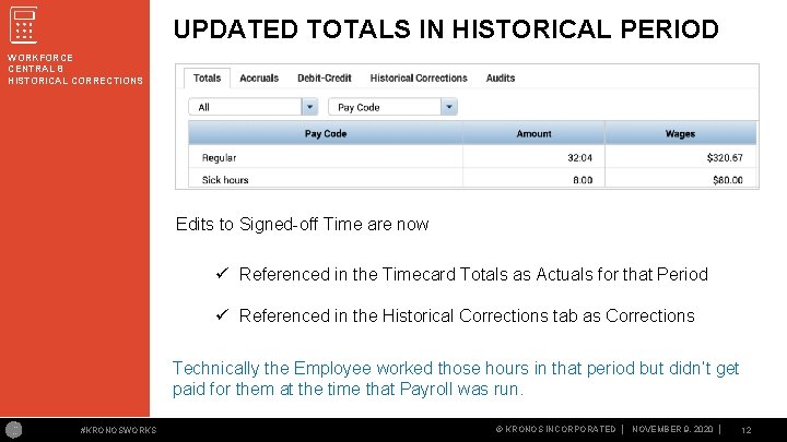 UPDATED TOTALS IN HISTORICAL PERIOD WORKFORCE CENTRAL 8 HISTORICAL CORRECTIONS Edits to Signed off