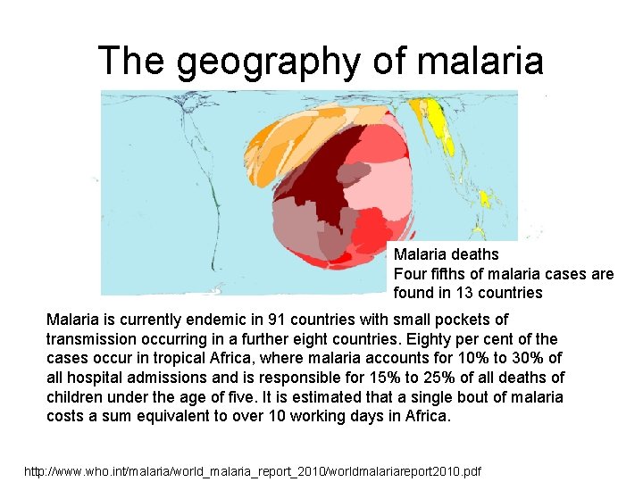 The geography of malaria Malaria deaths Four fifths of malaria cases are found in