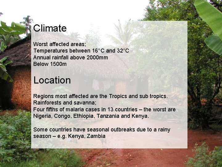 Climate Worst affected areas; Temperatures between 16°C and 32°C Annual rainfall above 2000 mm