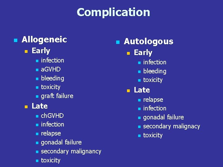 Complication n Allogeneic n Early n n n infection a. GVHD bleeding toxicity graft