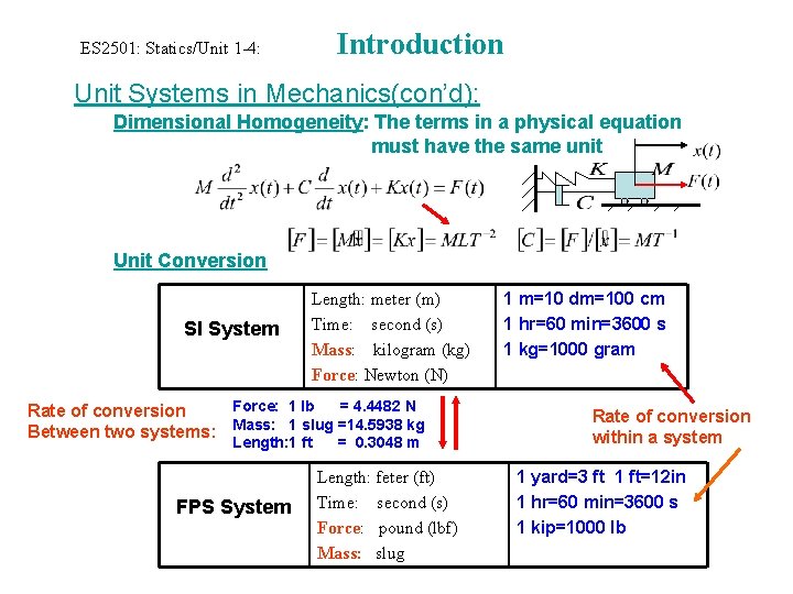 Introduction ES 2501: Statics/Unit 1 -4: Unit Systems in Mechanics(con’d): Dimensional Homogeneity: The terms