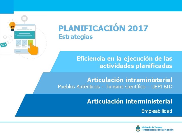 PLANIFICACIÓN 2017 Estrategias Eficiencia en la ejecución de las actividades planificadas Articulación intraministerial Pueblos