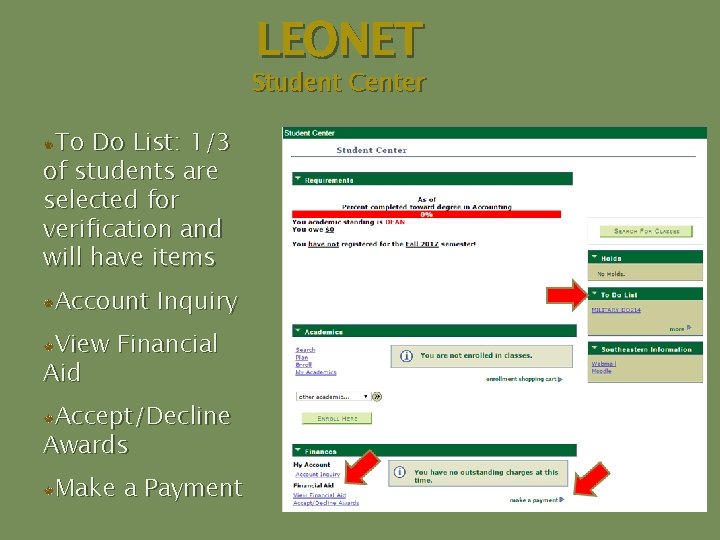 LEONET Student Center To Do List: 1/3 of students are selected for verification and