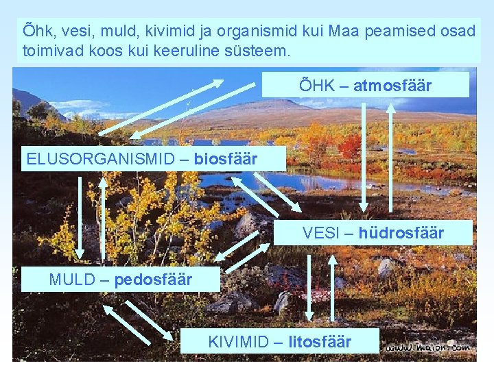 Õhk, vesi, muld, kivimid ja organismid kui Maa peamised osad toimivad koos kui keeruline