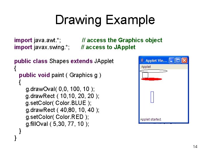 Drawing Example import java. awt. *; import javax. swing. *; // access the Graphics