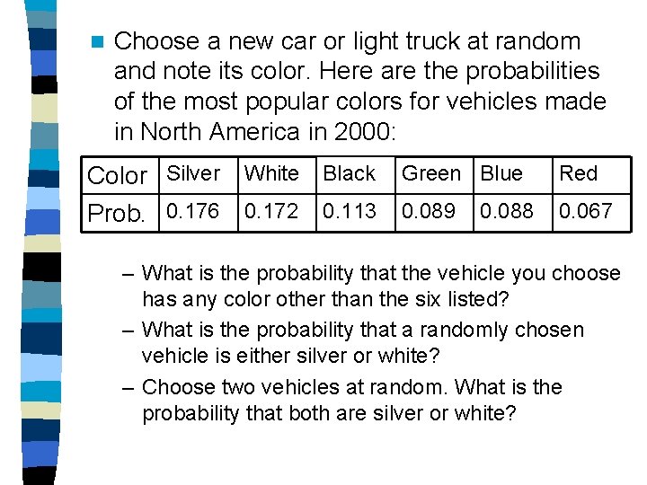 n Choose a new car or light truck at random and note its color. n Choose a new car or light truck at random and note its color.