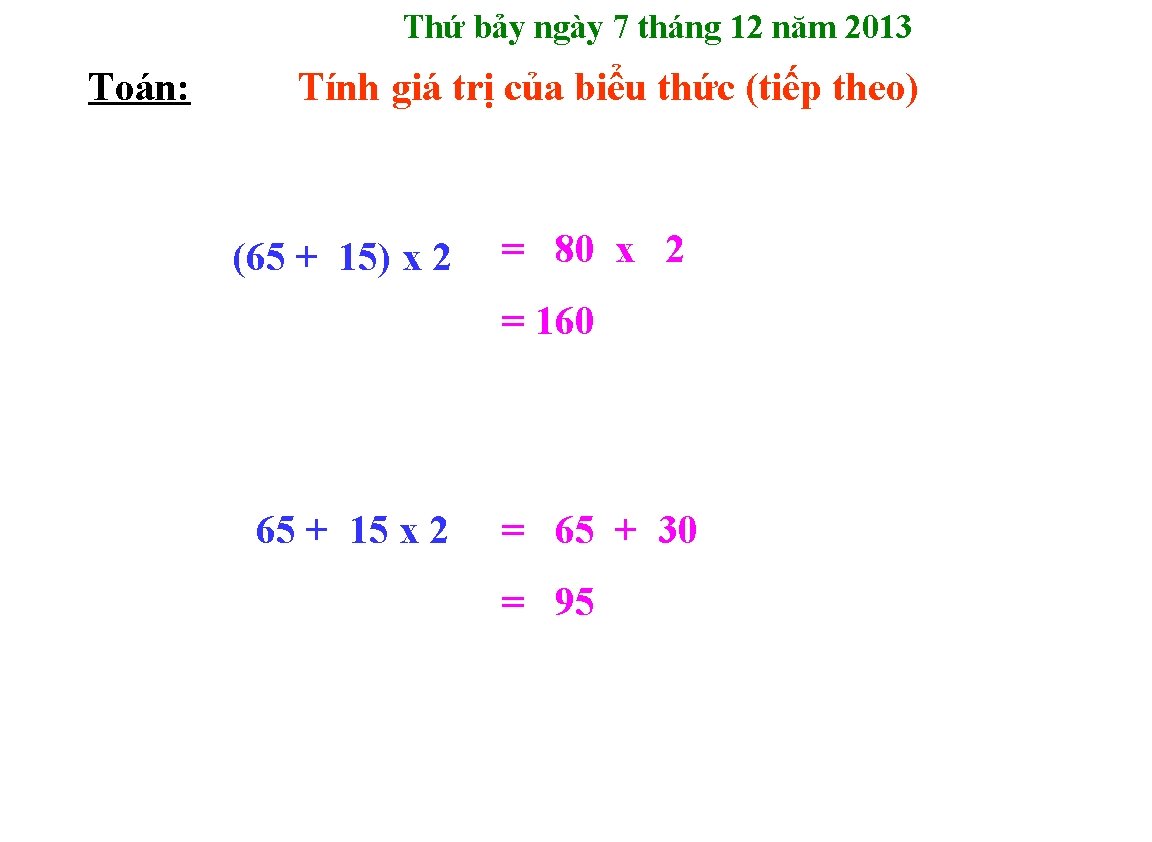 Thứ bảy ngày 7 tháng 12 năm 2013 Toán: Tính giá trị của biểu