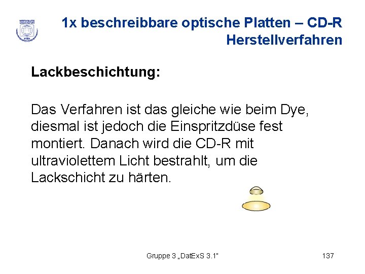 1 x beschreibbare optische Platten – CD-R Herstellverfahren Lackbeschichtung: Das Verfahren ist das gleiche