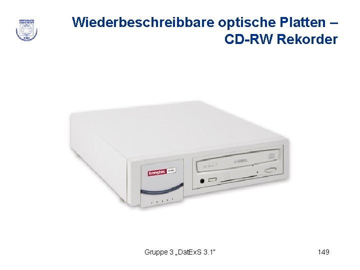 Wiederbeschreibbare optische Platten – CD-RW Rekorder Gruppe 3 „Dat. Ex. S 3. 1“ 149