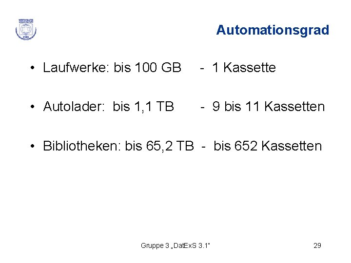 Automationsgrad • Laufwerke: bis 100 GB - 1 Kassette • Autolader: bis 1, 1