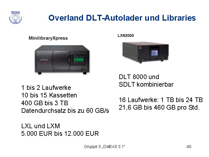 Overland DLT-Autolader und Libraries 1 bis 2 Laufwerke 10 bis 15 Kassetten 400 GB