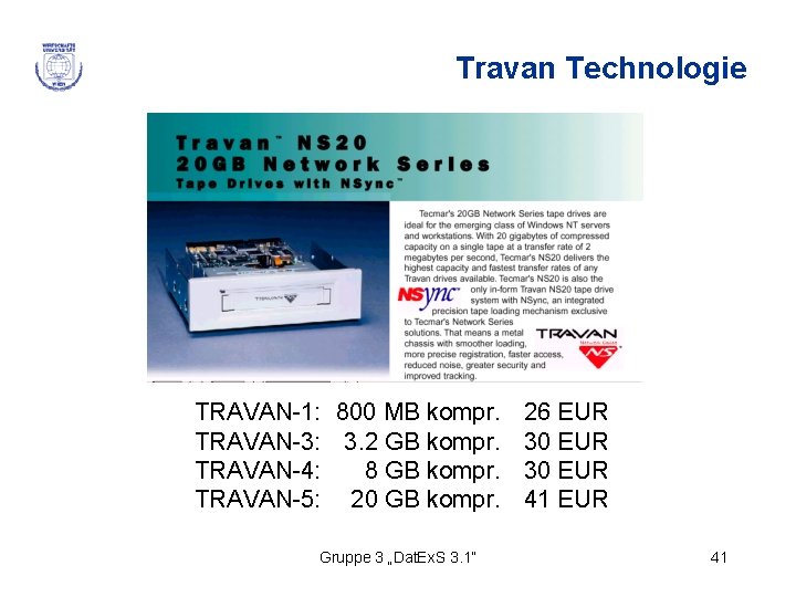 Travan Technologie TRAVAN-1: 800 MB kompr. 26 EUR TRAVAN-3: 3. 2 GB kompr. 30