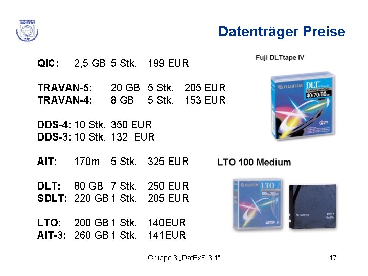 Datenträger Preise QIC: 2, 5 GB 5 Stk. TRAVAN-5: TRAVAN-4: 199 EUR 20 GB