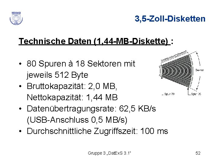 3, 5 -Zoll-Disketten Technische Daten (1, 44 -MB-Diskette) : • 80 Spuren à 18