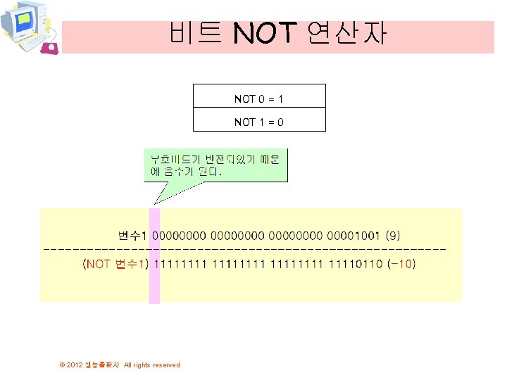 비트 NOT 연산자 NOT 0 = 1 NOT 1 = 0 © 2012 생능출판사