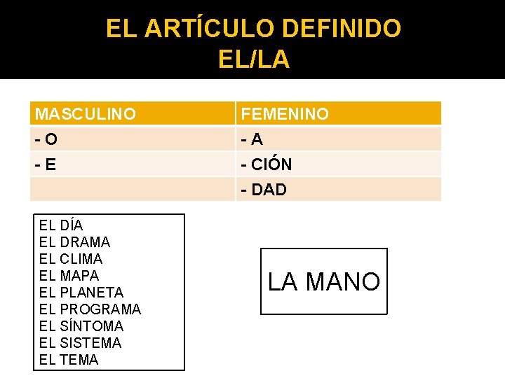 EL ARTÍCULO DEFINIDO EL/LA MASCULINO -O -E EL DÍA EL DRAMA EL CLIMA EL