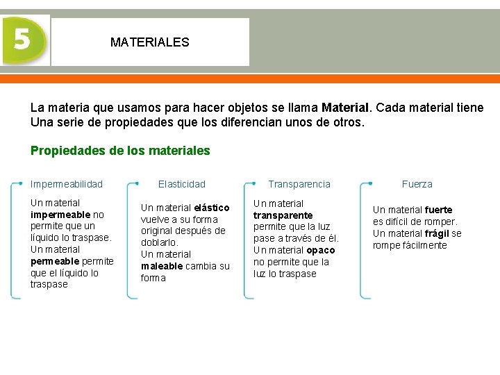 MATERIALES La materia que usamos para hacer objetos se llama Material. Cada material tiene