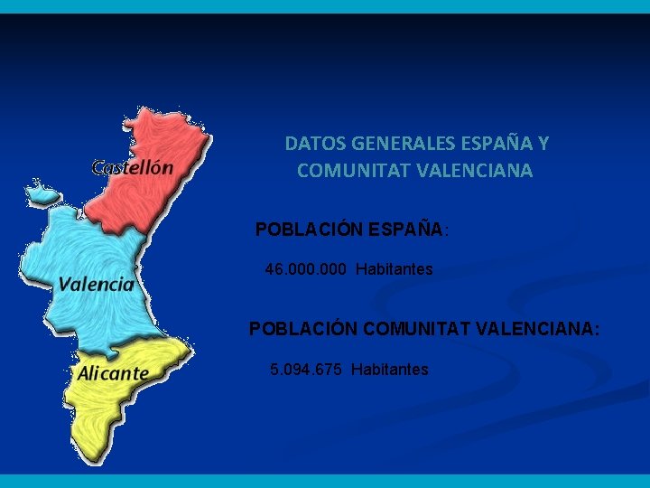 DATOS GENERALES ESPAÑA Y COMUNITAT VALENCIANA POBLACIÓN ESPAÑA: 46. 000 Habitantes POBLACIÓN COMUNITAT VALENCIANA: