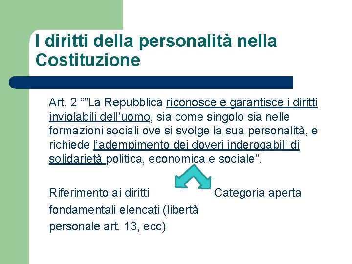 I diritti della personalità nella Costituzione Art. 2 “”La Repubblica riconosce e garantisce i