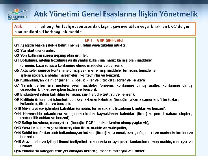Atık Yönetimi Genel Esaslarına İlişkin Yönetmelik Atık : Herhangi bir faaliyet sonucunda oluşan, çevreye