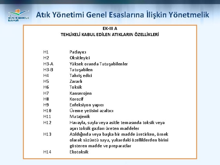 Atık Yönetimi Genel Esaslarına İlişkin Yönetmelik EK-III A TEHLİKELİ KABUL EDİLEN ATIKLARIN ÖZELLİKLERİ H