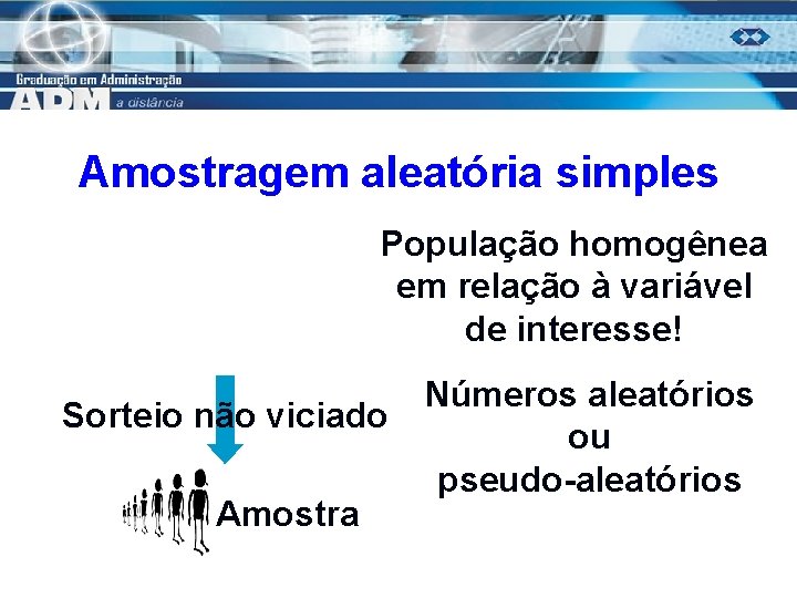 Amostragem aleatória simples População homogênea em relação à variável de interesse! Sorteio não viciado