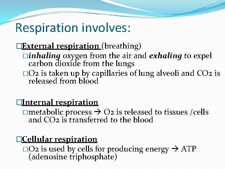 Respiration involves: �External respiration (breathing) � inhaling oxygen from the air and exhaling to