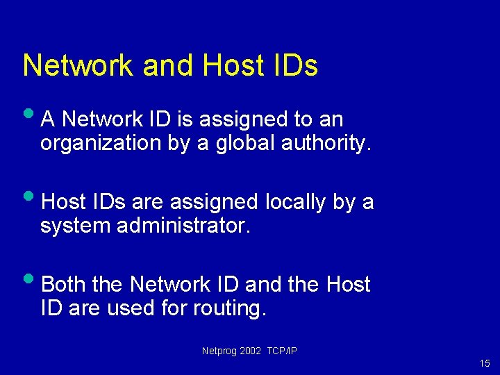 Network and Host IDs • A Network ID is assigned to an organization by