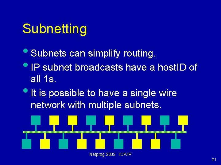 Subnetting • Subnets can simplify routing. • IP subnet broadcasts have a host. ID