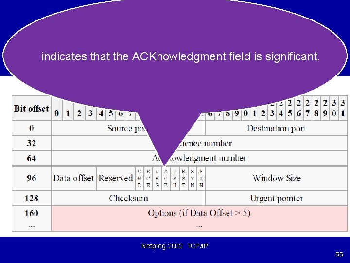 indicates that the ACKnowledgment field is significant. Netprog 2002 TCP/IP 55 