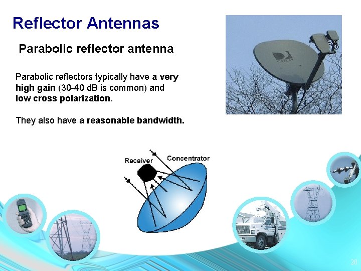 Reflector Antennas Parabolic reflector antenna Parabolic reflectors typically have a very high gain (30
