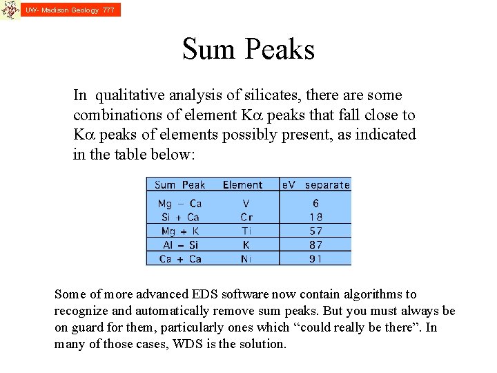 UW- Madison Geology 777 Sum Peaks In qualitative analysis of silicates, there are some UW- Madison Geology 777 Sum Peaks In qualitative analysis of silicates, there are some