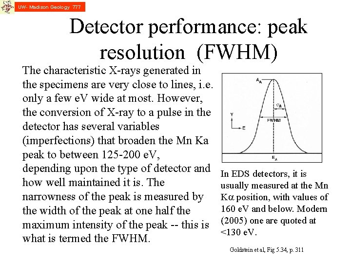 UW- Madison Geology 777 Detector performance: peak resolution (FWHM) The characteristic X-rays generated in UW- Madison Geology 777 Detector performance: peak resolution (FWHM) The characteristic X-rays generated in