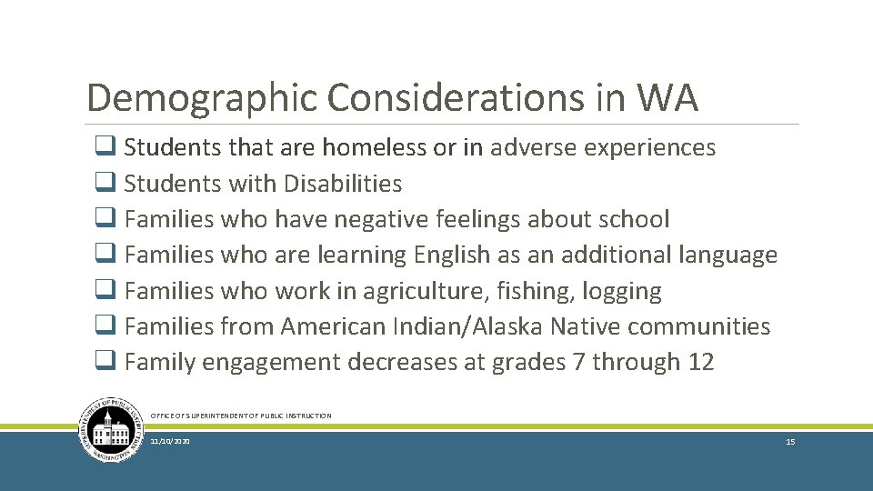 Demographic Considerations in WA q Students that are homeless or in adverse experiences q