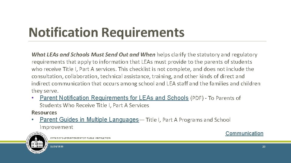 Notification Requirements What LEAs and Schools Must Send Out and When helps clarify the