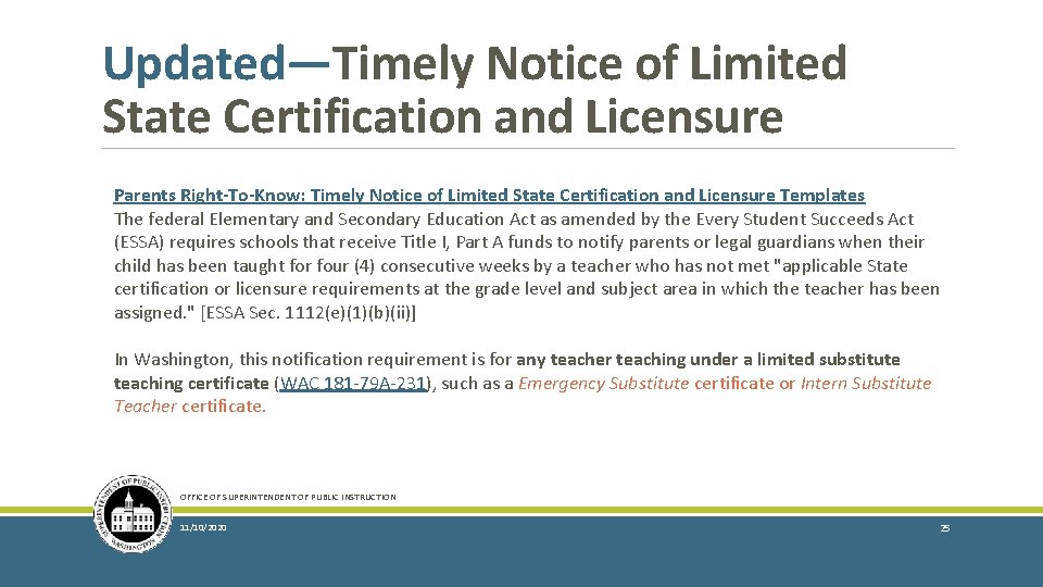 Updated—Timely Notice of Limited State Certification and Licensure Parents Right-To-Know: Timely Notice of Limited