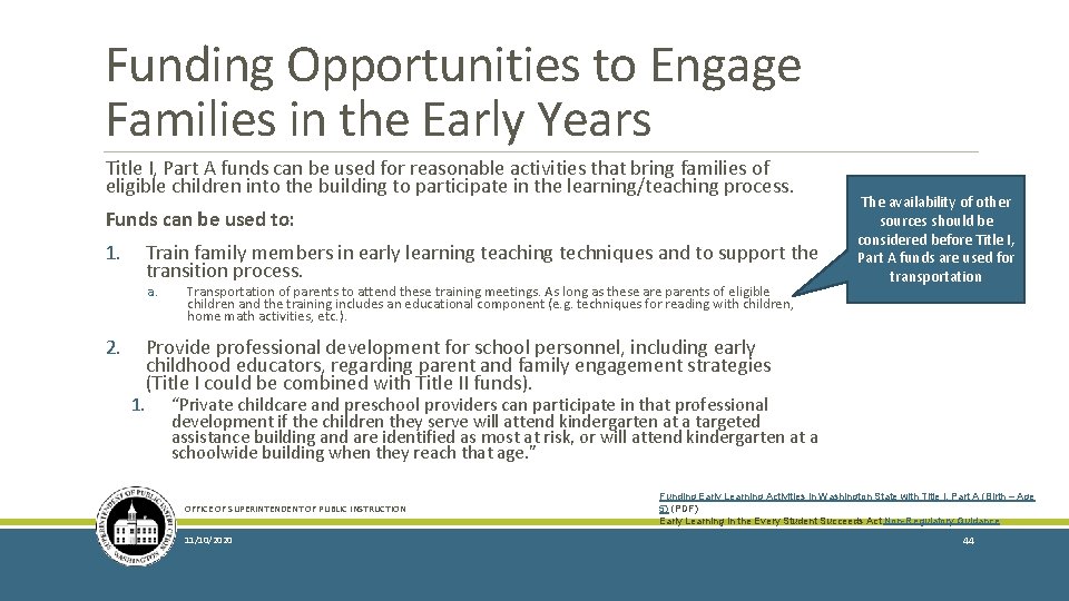 Funding Opportunities to Engage Families in the Early Years Title I, Part A funds