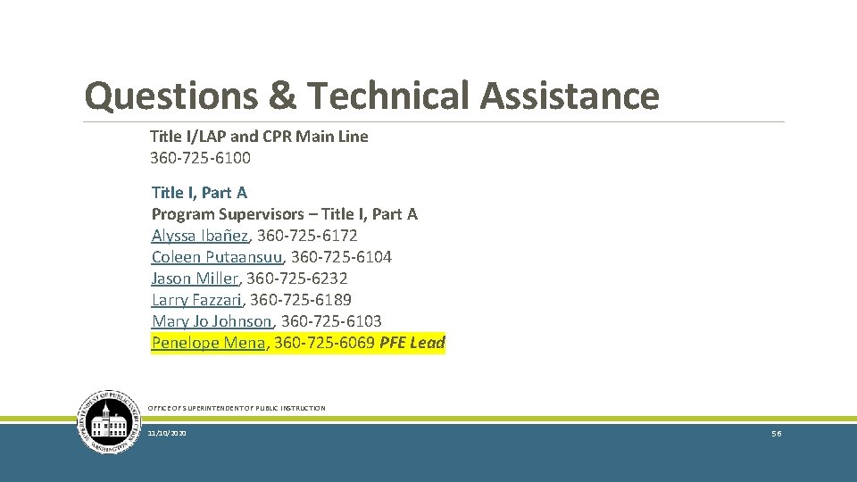 Questions & Technical Assistance Title I/LAP and CPR Main Line 360 -725 -6100 Title