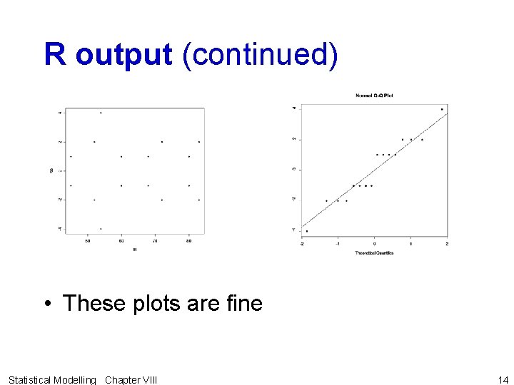 R output (continued) • These plots are fine Statistical Modelling Chapter VIII 14 R output (continued) • These plots are fine Statistical Modelling Chapter VIII 14
