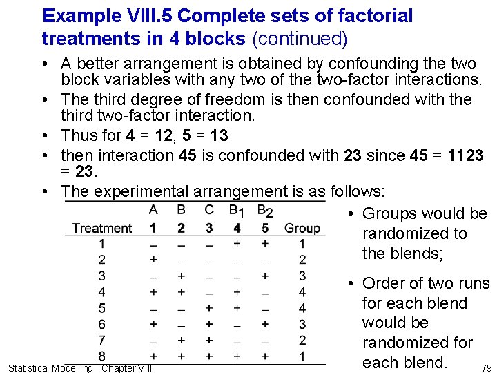 Example VIII. 5 Complete sets of factorial treatments in 4 blocks (continued) • A