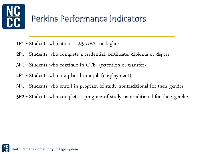 Perkins Performance Indicators 1 P 1 - Students who attain a 2. 5 GPA