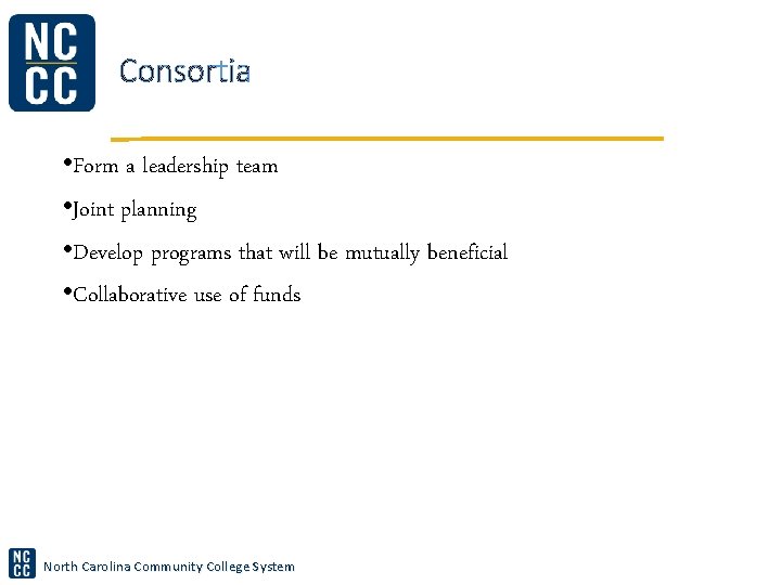 Consortia • Form a leadership team • Joint planning • Develop programs that will